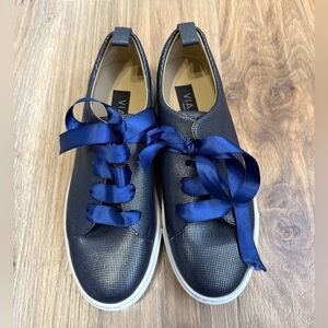 VIAJIYU Made in Italy Navy Leather Fashion Sneakers w/Satin Ribbon Laces EU 38